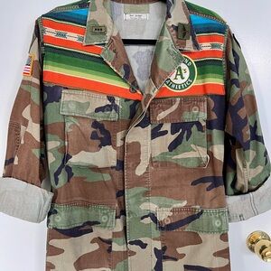 Vintage Army Camouflage Utility Jacket with Multicolor Stripes w Athletics patch